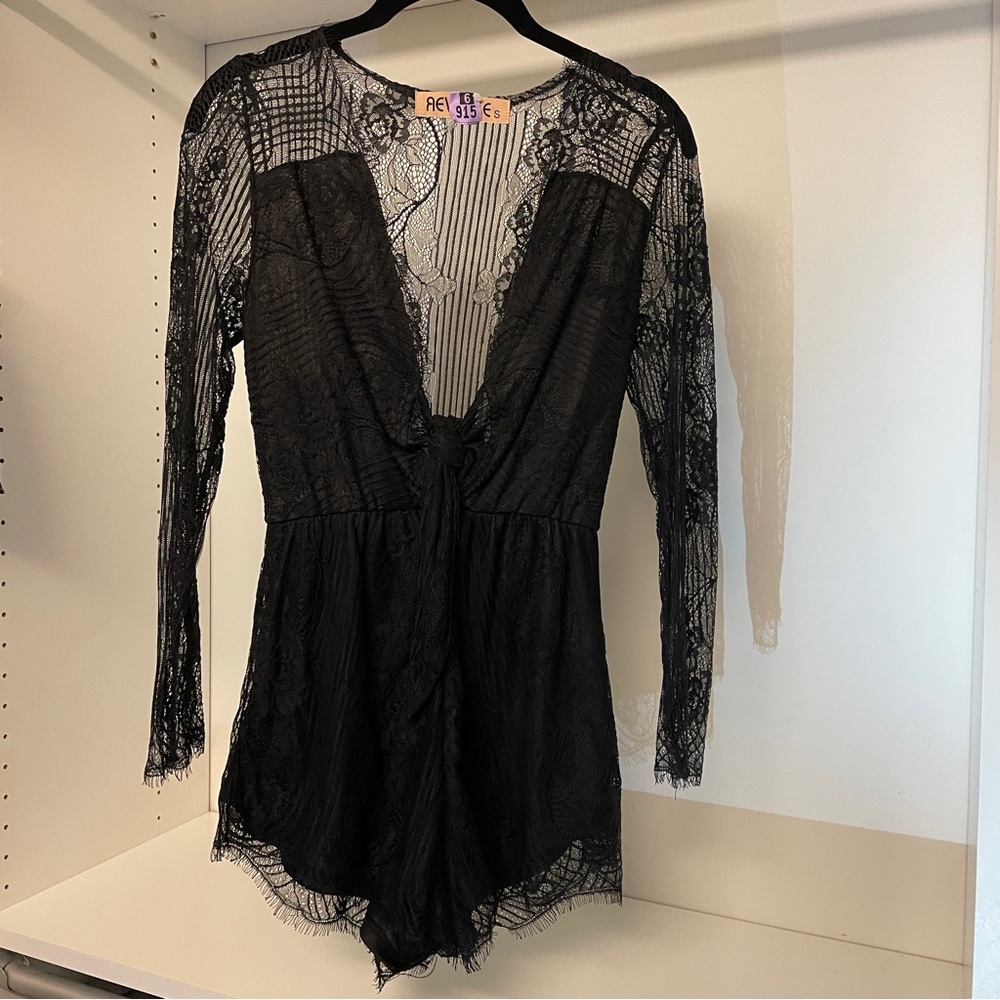 Black lace romper with tie front - S